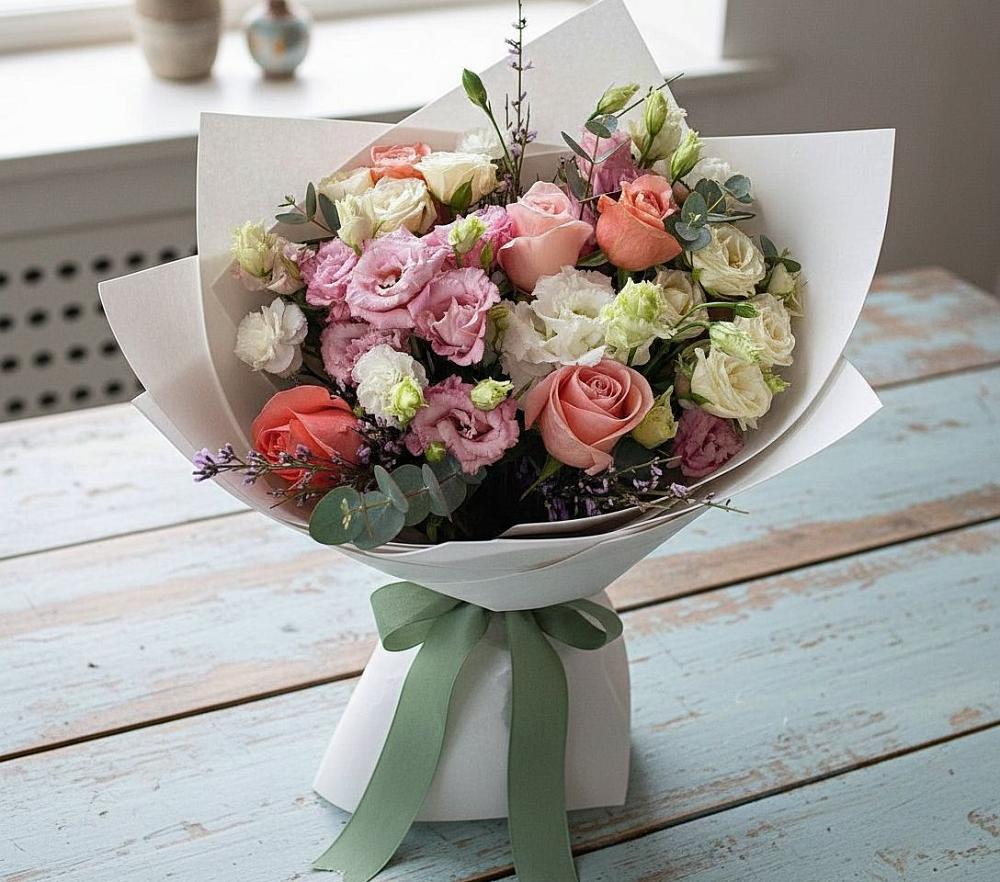 Букет цветов из: Розы, Лизиантусы и Гвоздики в Омутинское