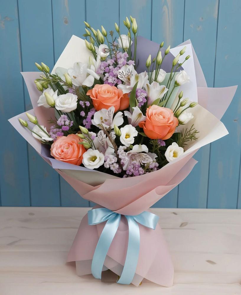 Букет цветов из: Лизиантусы, Розы, Альстромерии и Гипсофила в Омутинское