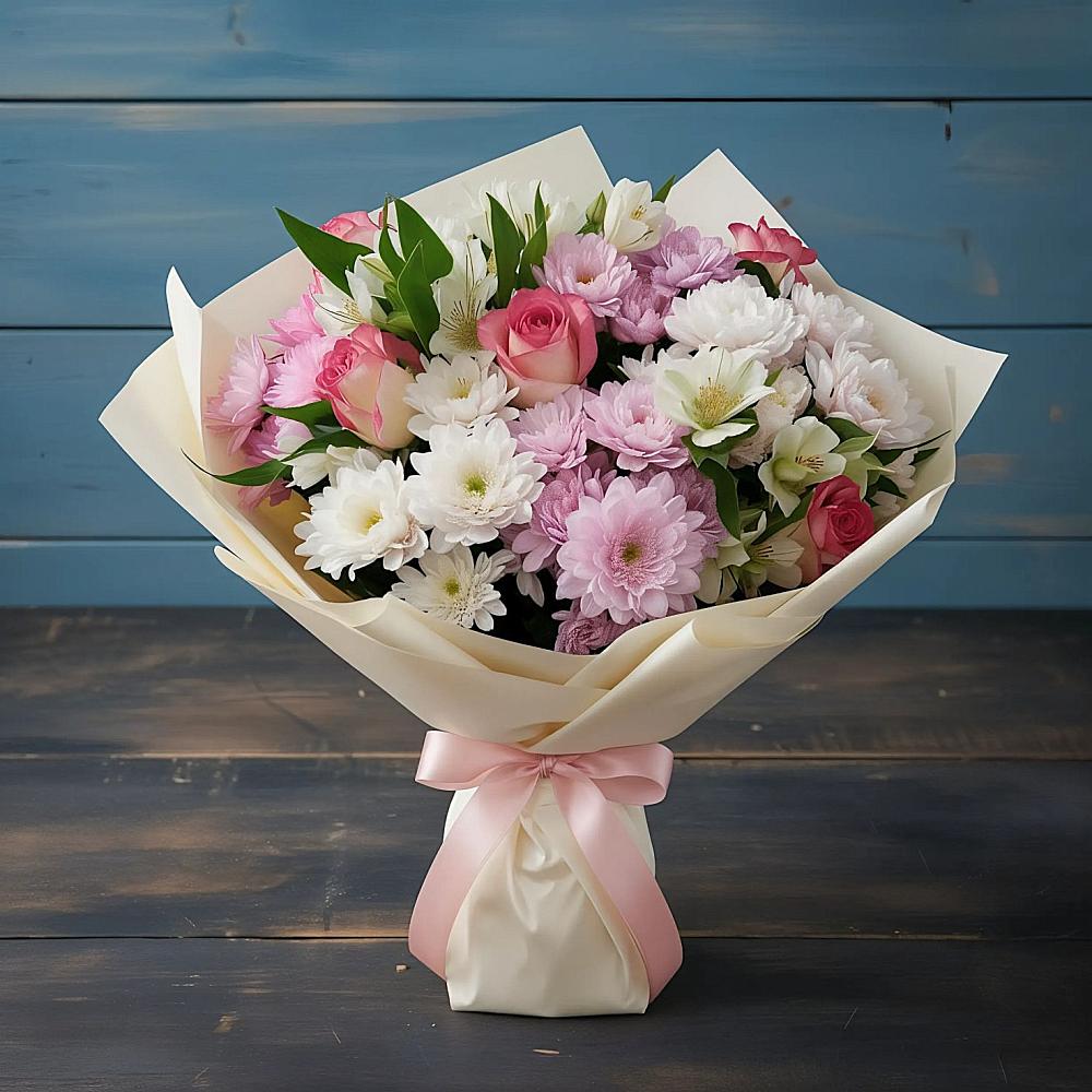 Букет цветов из: Хризантемы, Альстромерии и Розы в Омутинское